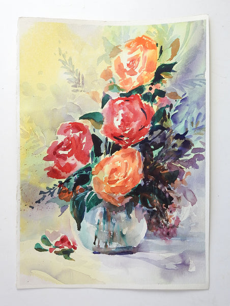 Red & Orange Roses Floral Still Life Watercolor Painting