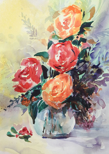 Red & Orange Roses Floral Still Life Watercolor Painting