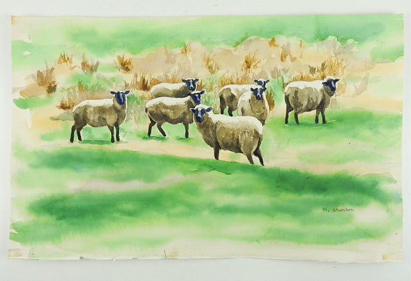 Pastoral Watercolor Painting With Sheep