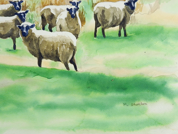 Pastoral Watercolor Painting With Sheep