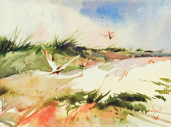 Seagulls & Sand Dunes Watercolor Painting