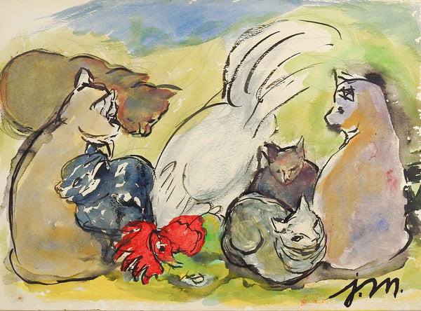 Cats & Rooster By Josephine Mahaffey Watercolor Painting