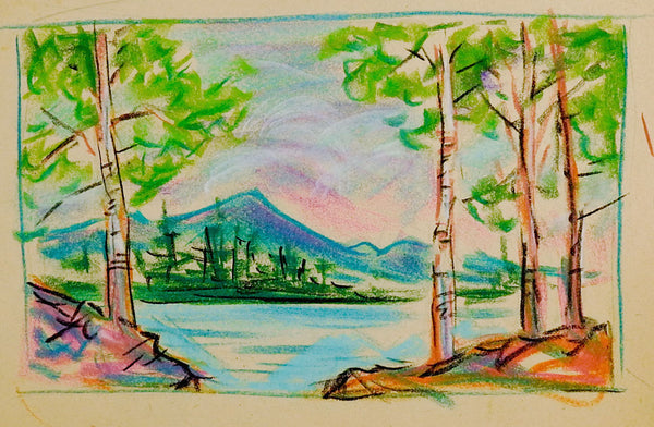 Pastel Mountain Lake Landscape Drawing