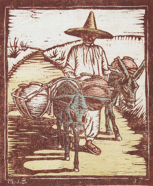 1937 Wood Block Print On Cotton With Donkeys