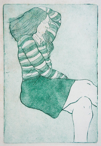 Mid Century Woman In Green Skirt Etching