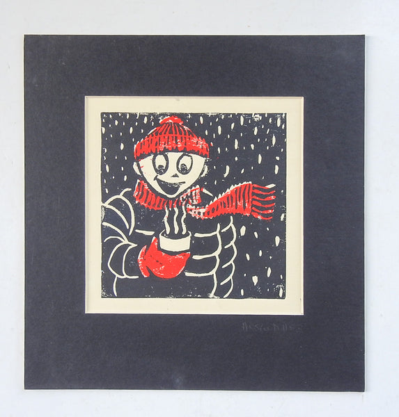Winter Figure & Hot Chocolate Serigraph In Red & Black