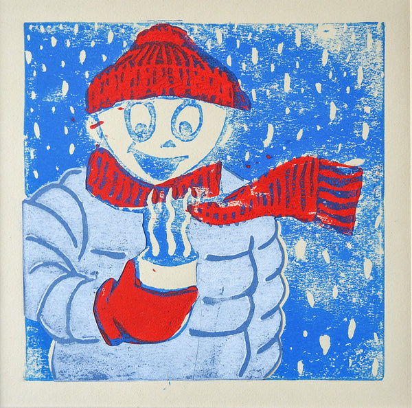 Winter Figure & Hot Chocolate Serigraph In Red & Blue