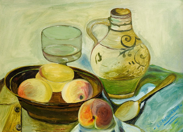 Mid Century Rustic Still Life Painting With Peaches