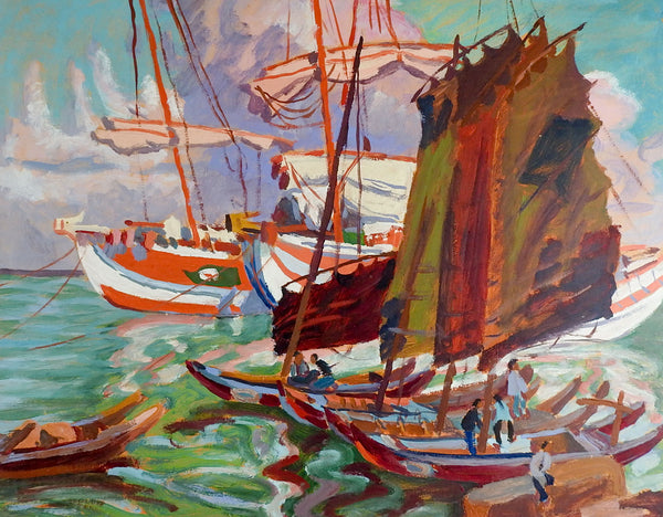 Vintage Expressionist Harbor Scene Painting