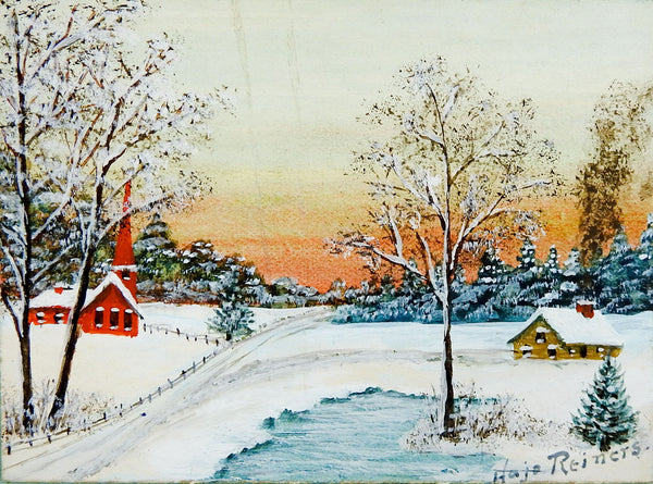 Tiny Snow Covered Church Watercolor Painting