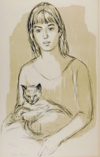 Einar Rosen Lithograph, Girl With Cat