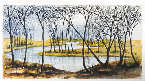 Vintage Winter Wetlands Watercolor Landscape Painting