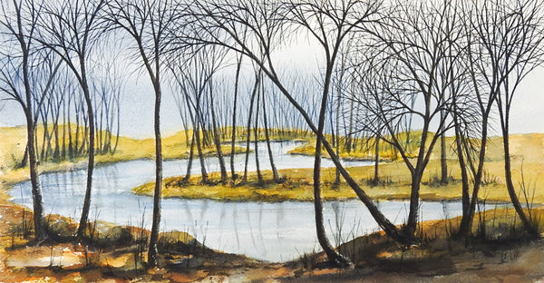 Vintage Winter Wetlands Watercolor Landscape Painting