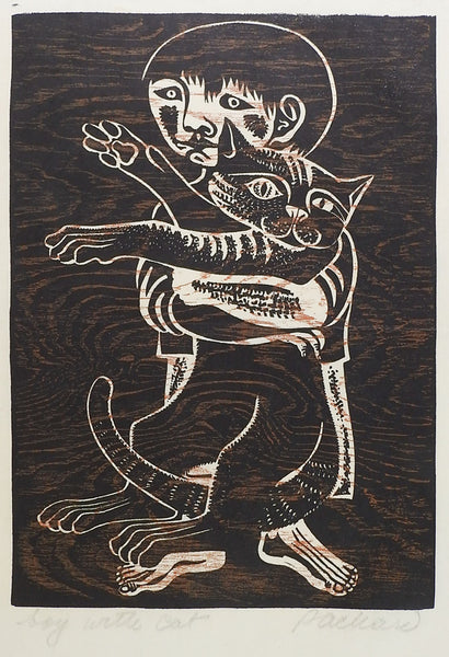 Vintage Mid Century Emmy Lou Packard Boy With Cat Linocut Print