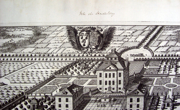 Antique Engraving Birds Eye View Swedish Baroque Estate & Gardens1690s - Artifax antiques & design