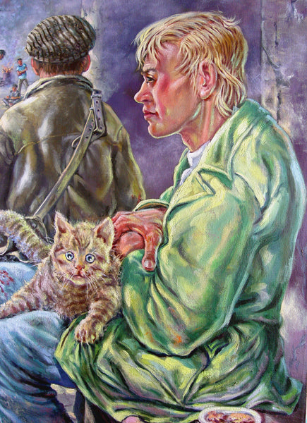 Man & Cat Street Scene By Simon Michael Oil Painting