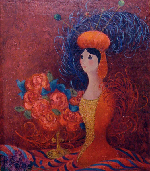 Roses, Feathers & Hatpin Lady Oil on Canvas