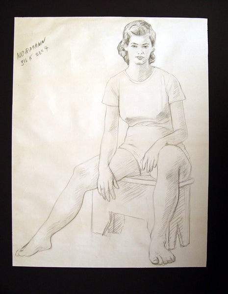 1950s Seated Charcoal Figural Study by Charles Berkeley Normann - Artifax antiques & design