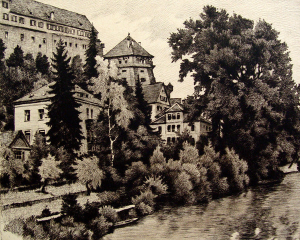 European Castle on a River Etching