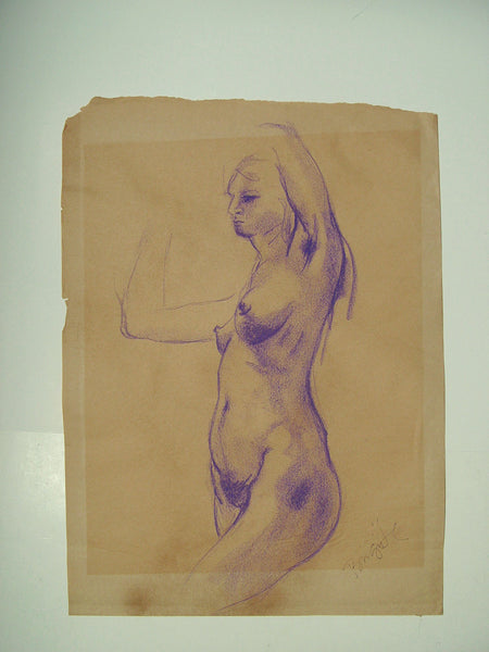 Nude Study in Purple Chalk Drawing