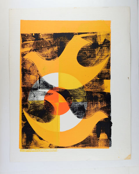 Black & Orange Abstract Birds Block Print