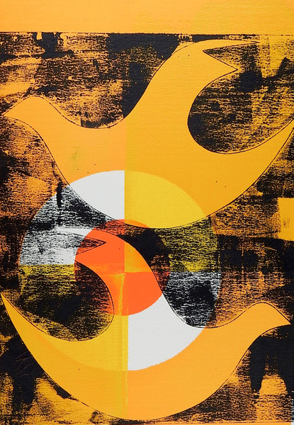 Black & Orange Abstract Birds Block Print
