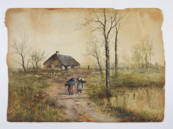 Distressed Pastoral Scene Wateolor & Gouache Painting
