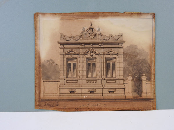 Antique Architectural Watercolor Rendering, Circa 1900 - Artifax antiques & design