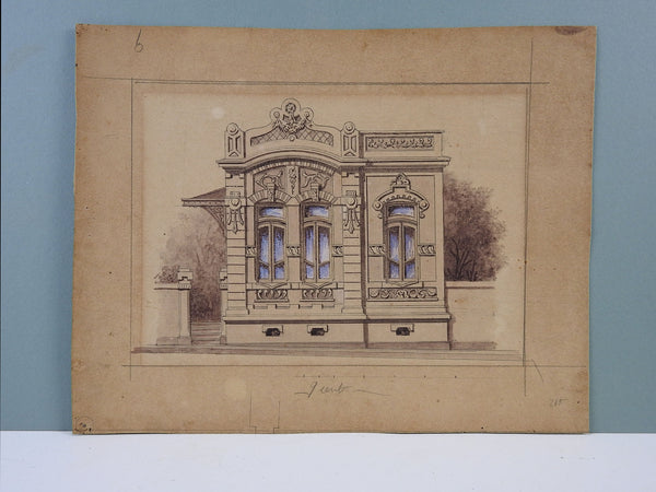 Antique 1900s Architectural Watercolor - Artifax antiques & design