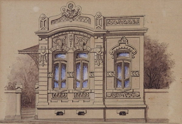 Antique 1900s Architectural Watercolor - Artifax antiques & design