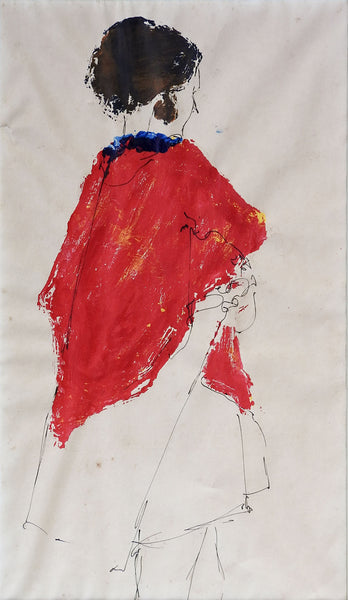 Woman In Red Cape Mixed Media Drawing