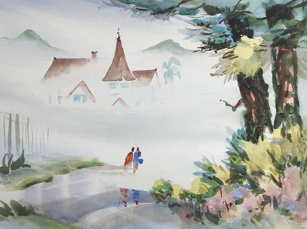 House In Fog Watercolor Painting