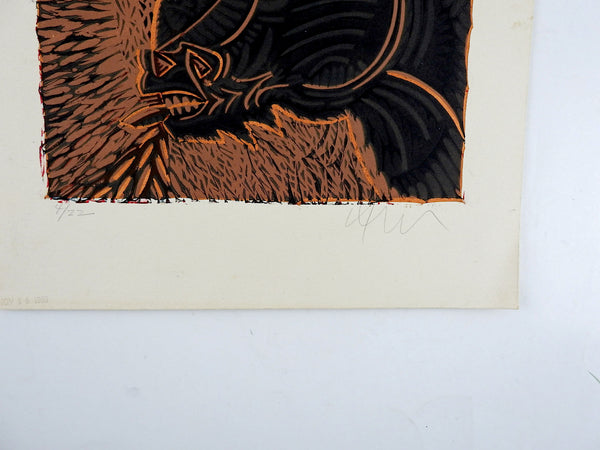 Mid Century Brown & Black Abstract Bull Serigraph