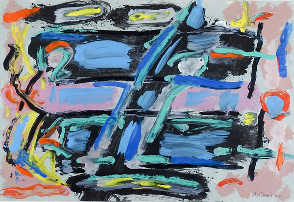 Abstract Blue, Black & Pink Painting on Paper