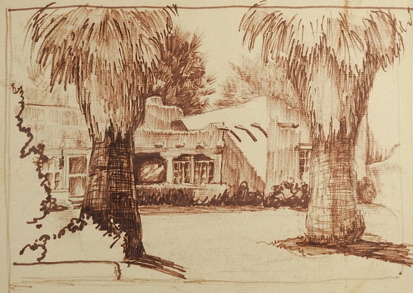 Adobe House & Palm Trees Drawing