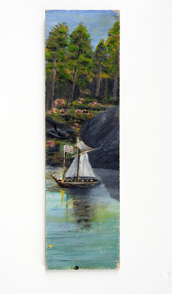 Folk Art Ship On River Long Format Painting