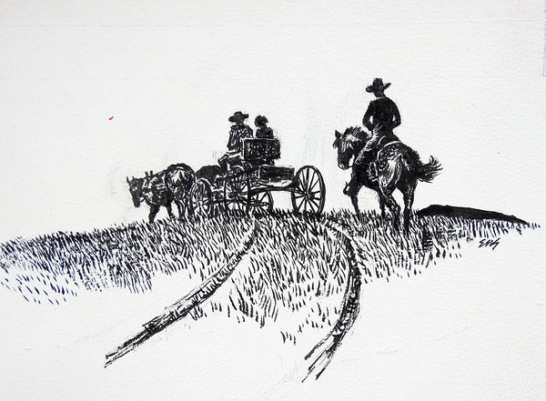 Eugene Shortridge Cowboy & Wagon Pen & Ink Western Drawing