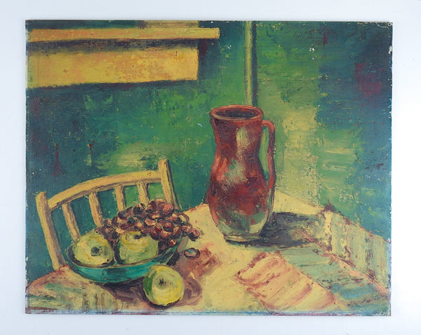 Mid Century Still Life Painting With Grapes & Apples