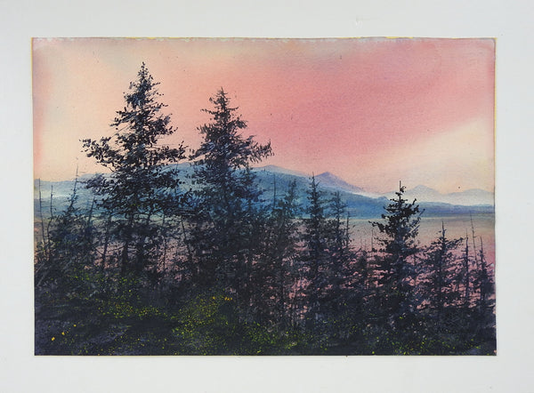 Mountain Forest Sunrise Watercolor Painting