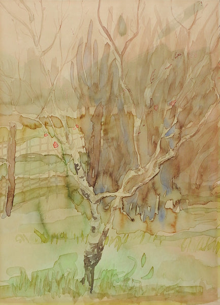 Impressionist Peach Tree Watercolor Painting