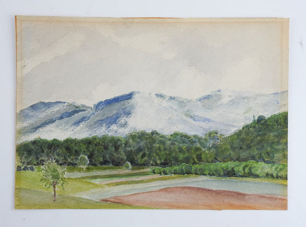 Mountains & Orchards Watercolor Landscape Painting