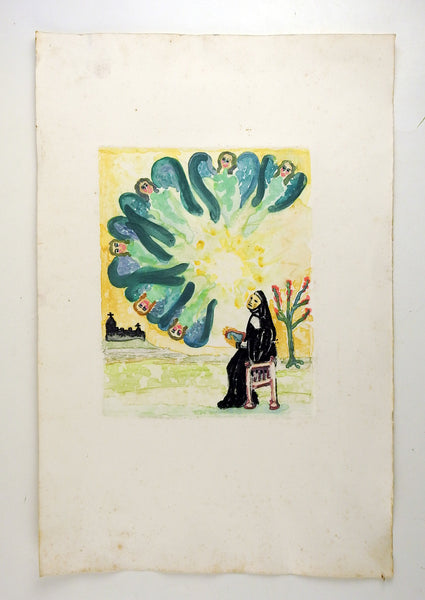 Mid Century Colored Etching of Angels