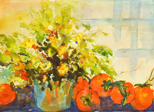 Persimmon & Floral Still Life Watercolor Painting