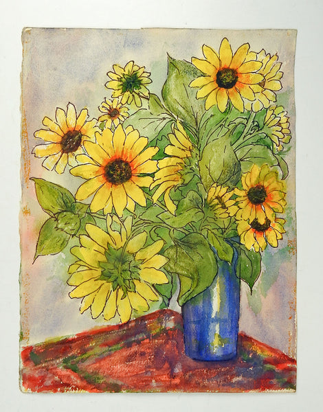 Modernist Sunflower Still Life 2 Sided Watercolor Painting