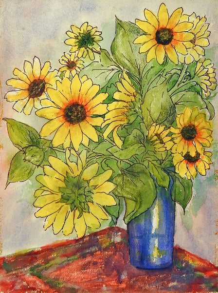 Modernist Sunflower Still Life 2 Sided Watercolor Painting