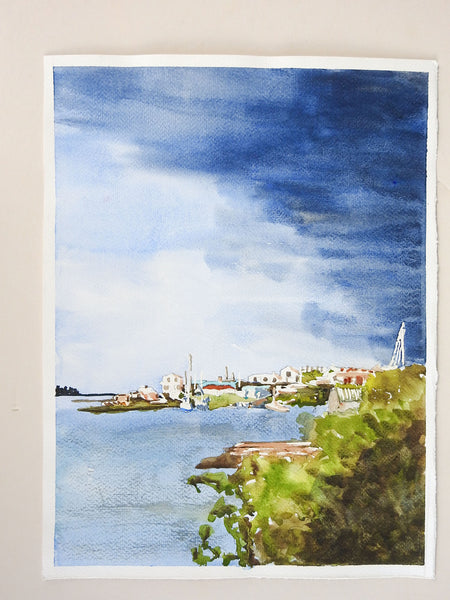Harbor Scene & Storm Watercolor Painting