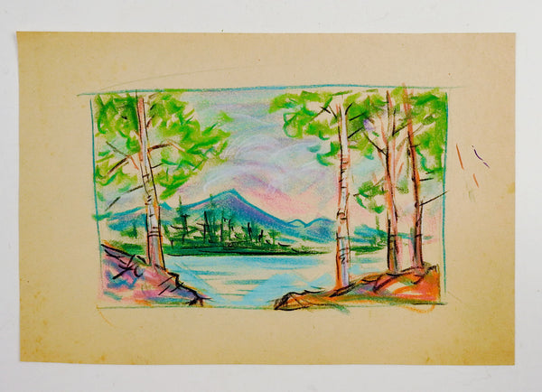 Pastel Mountain Lake Landscape Drawing