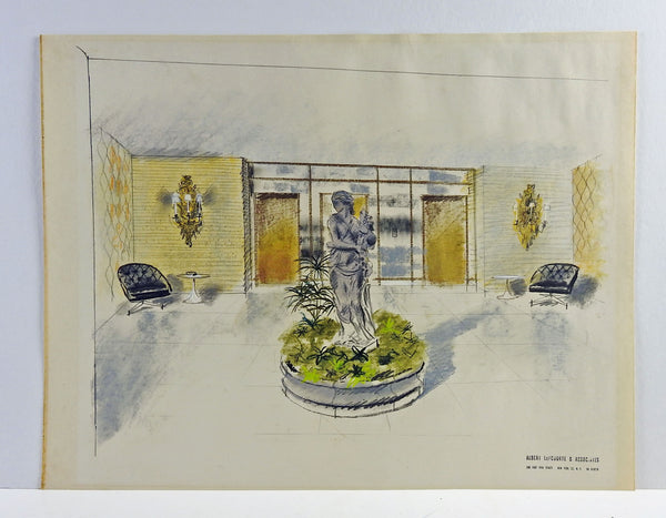 1950s Hollywood Regency Architectural Drawing