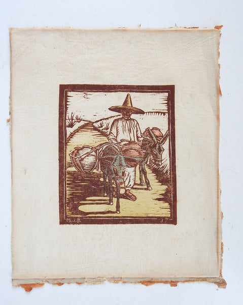 1937 Wood Block Print On Cotton With Donkeys