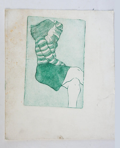 Mid Century Woman In Green Skirt Etching